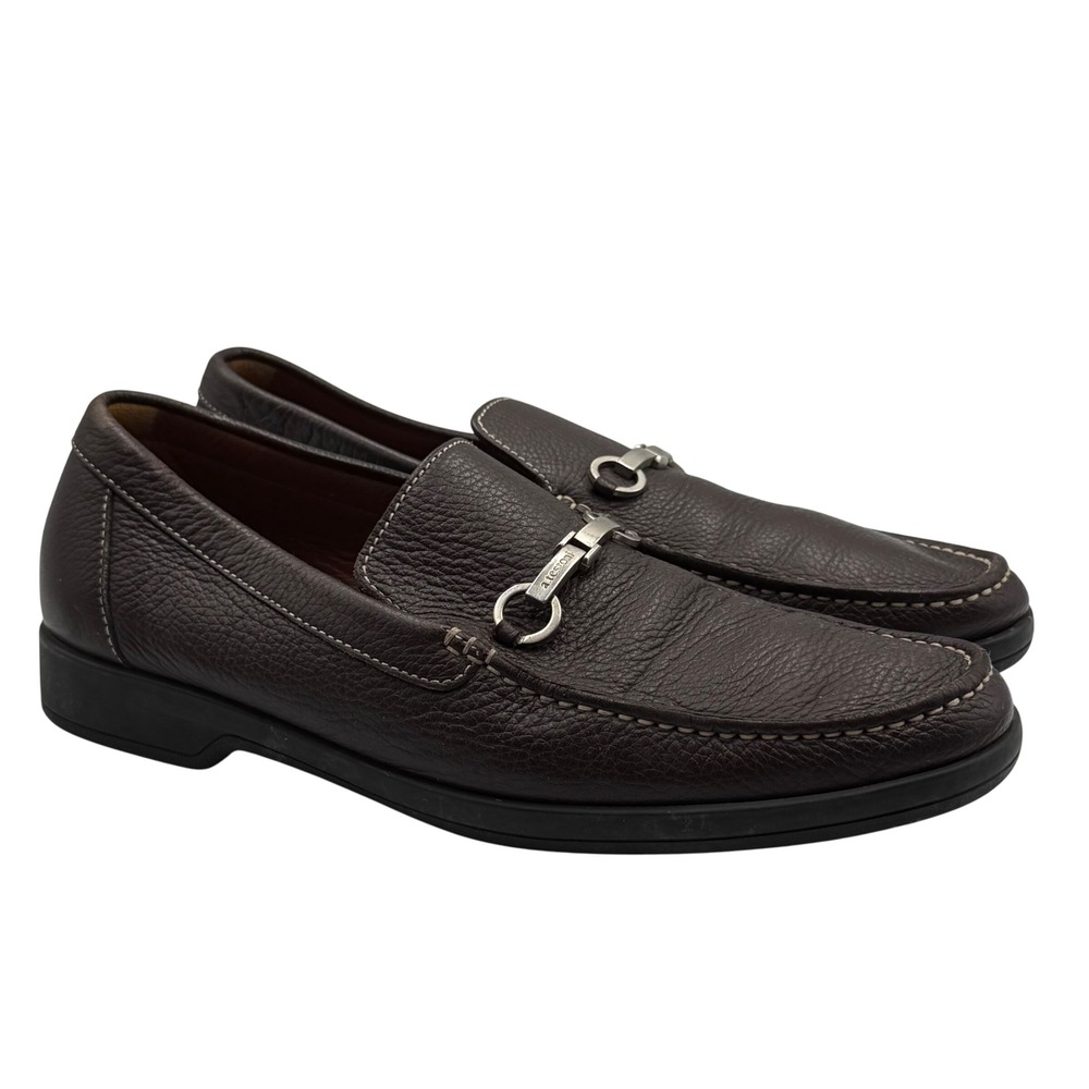 A. Testoni Men's 8.5 Brown Pebbled Leather‎ Bit Loafers Italy Luxury Dress Shoes